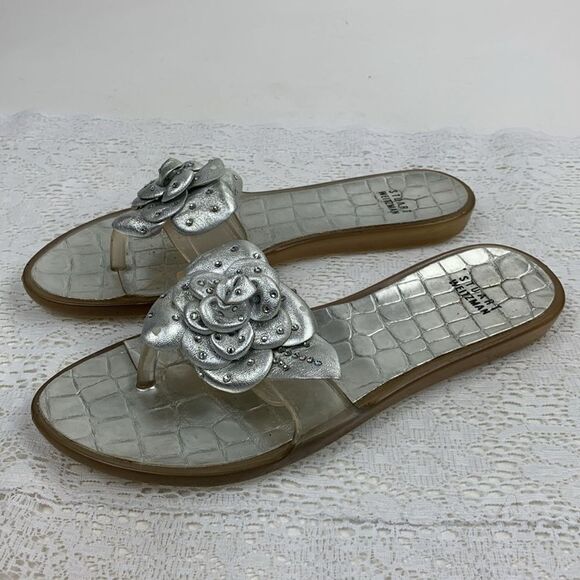 Stuart Weitzman Sandals Silver Clear Jelly Rose Accents thong toe Size 8 Slip on - Picture 4 of 13